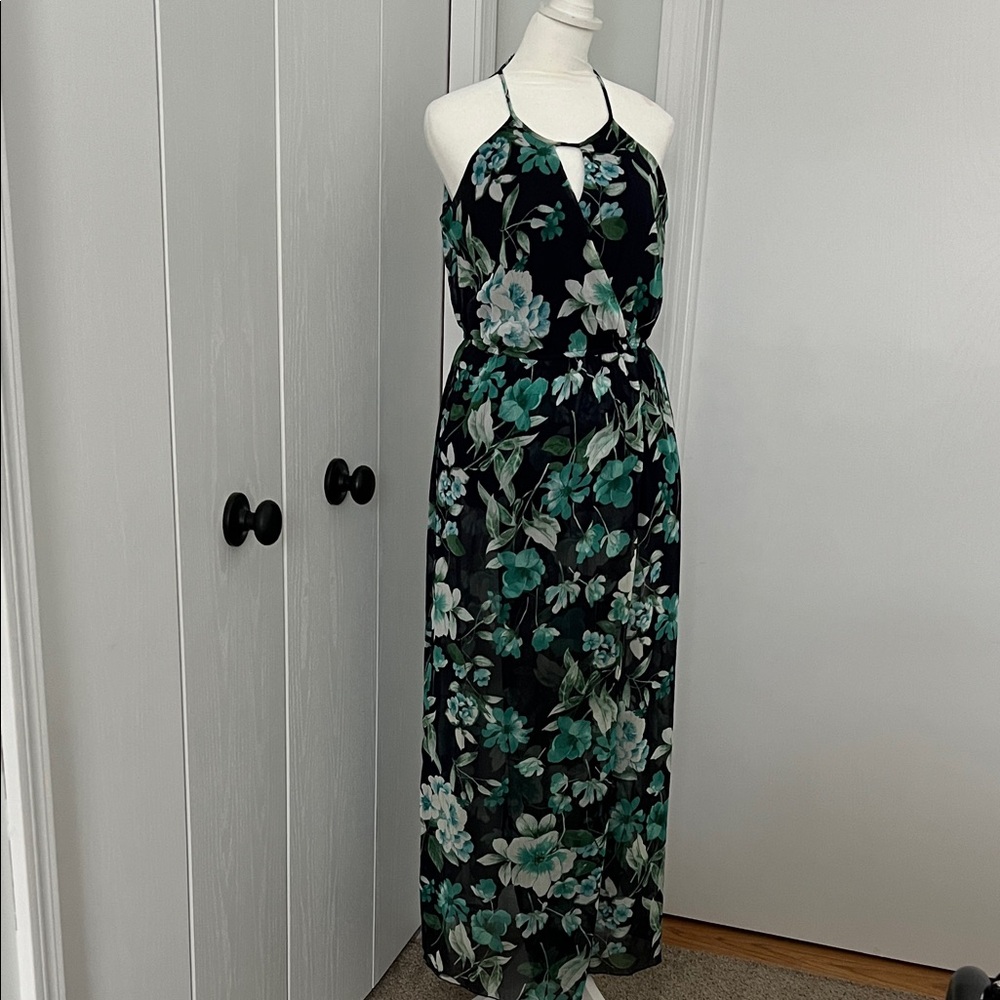 Enfocus Studio Black Maxi Dress with Teal Floral Print